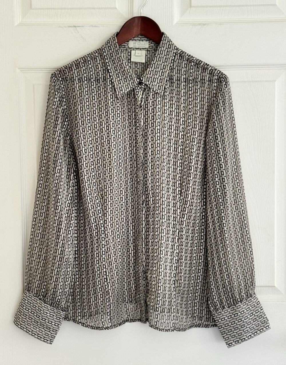 FDJ French Dressing Womens Blouse Black Gray Tan Geometric Size 16 Semi Sheer
